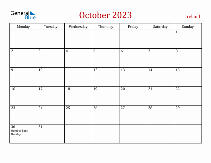 Ireland October 2023 Calendar - Monday Start