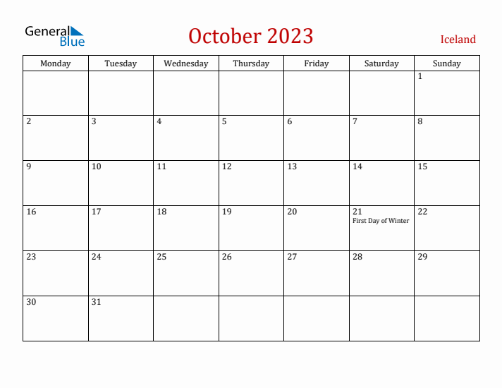 Iceland October 2023 Calendar - Monday Start