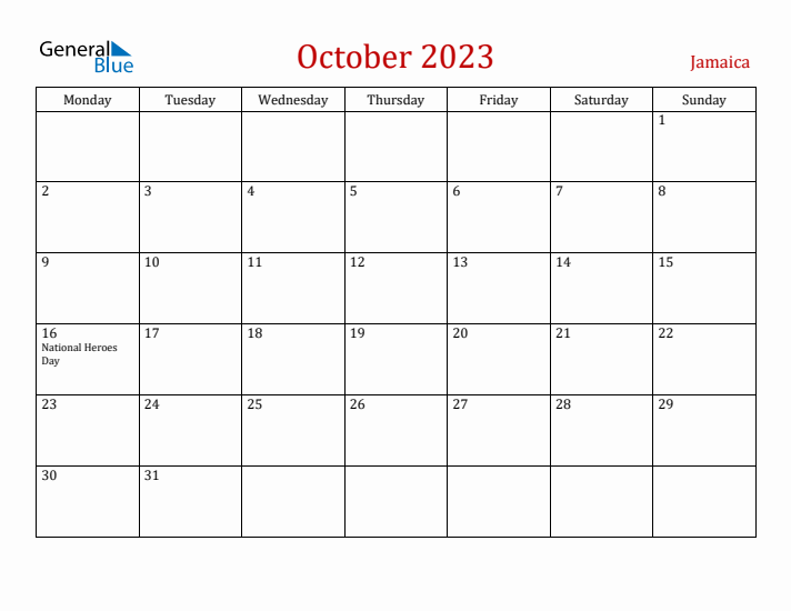Jamaica October 2023 Calendar - Monday Start
