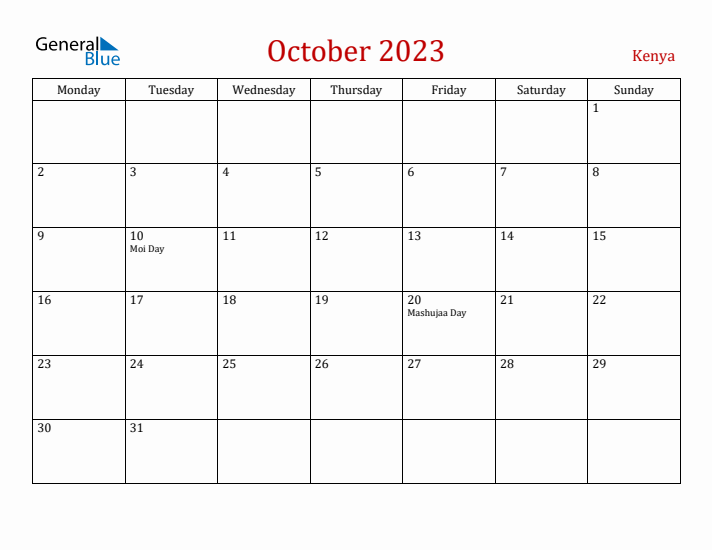 Kenya October 2023 Calendar - Monday Start