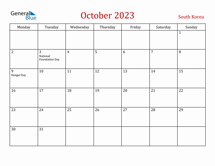 South Korea October 2023 Calendar - Monday Start