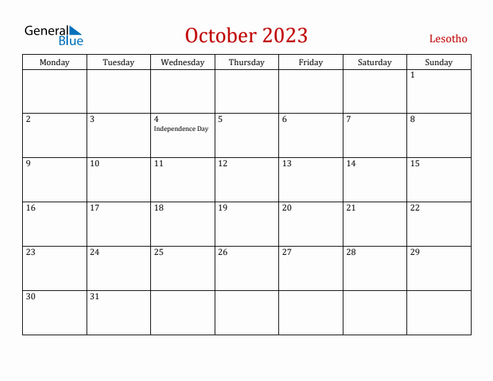 Lesotho October 2023 Calendar - Monday Start