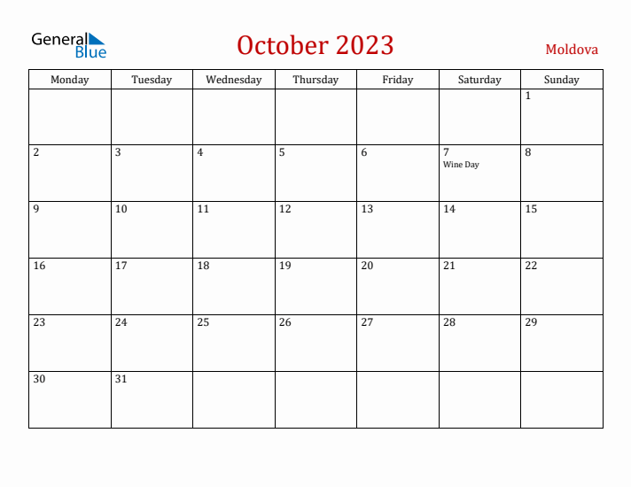 Moldova October 2023 Calendar - Monday Start