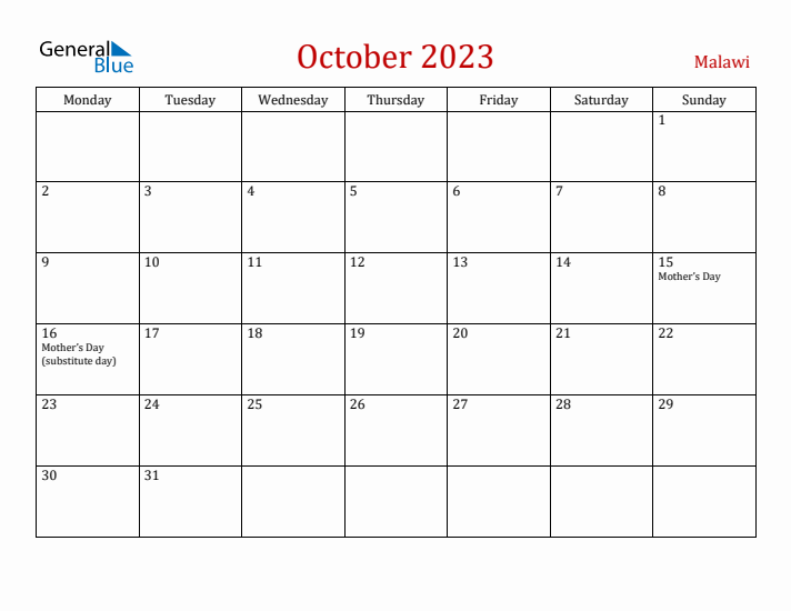 Malawi October 2023 Calendar - Monday Start