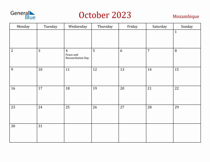 Mozambique October 2023 Calendar - Monday Start