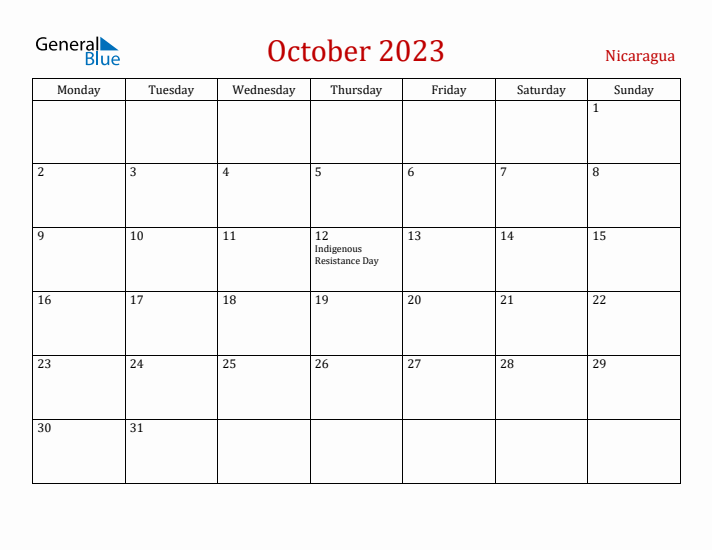 Nicaragua October 2023 Calendar - Monday Start