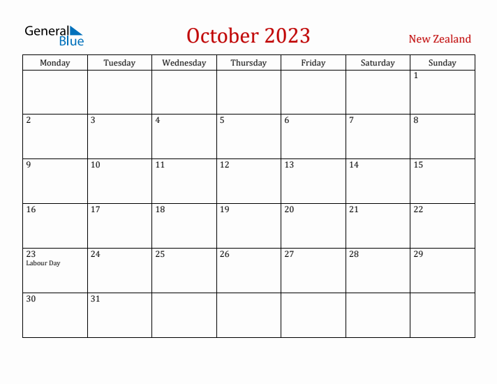 New Zealand October 2023 Calendar - Monday Start