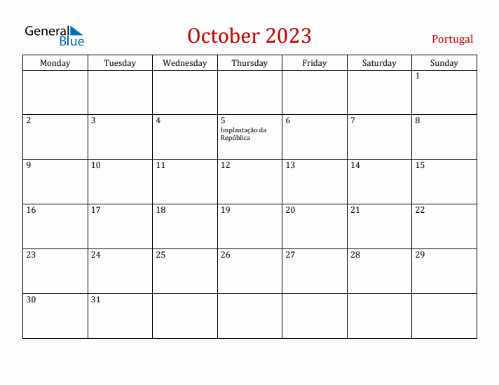 Portugal October 2023 Calendar - Monday Start
