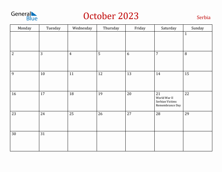 Serbia October 2023 Calendar - Monday Start