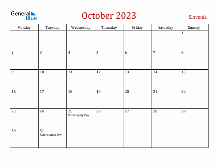 Slovenia October 2023 Calendar - Monday Start