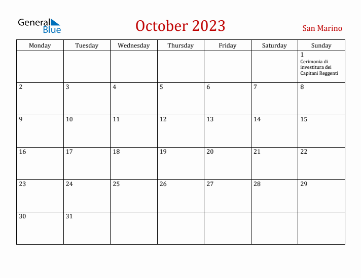 San Marino October 2023 Calendar - Monday Start