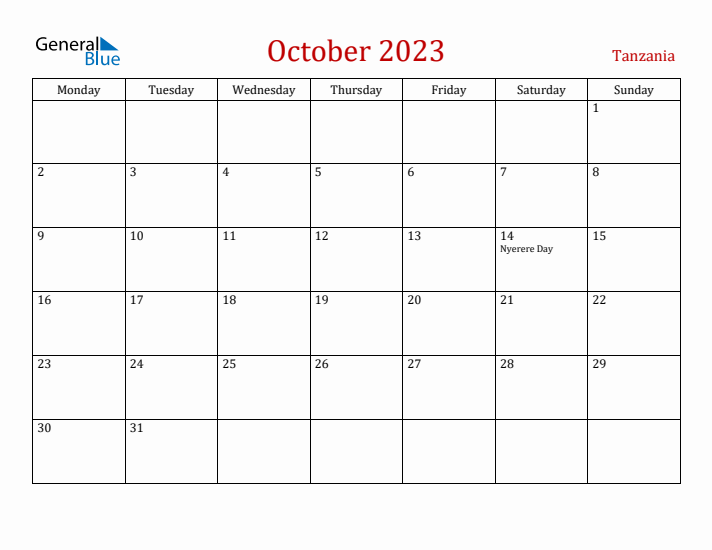 Tanzania October 2023 Calendar - Monday Start