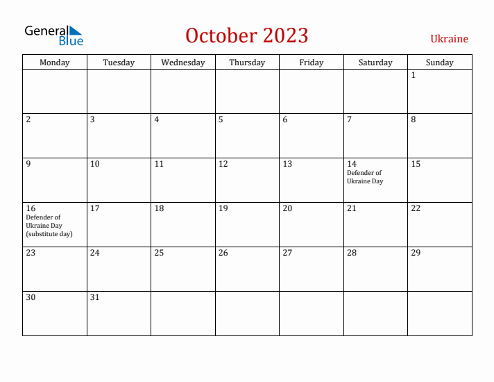 Ukraine October 2023 Calendar - Monday Start