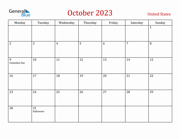 United States October 2023 Calendar - Monday Start