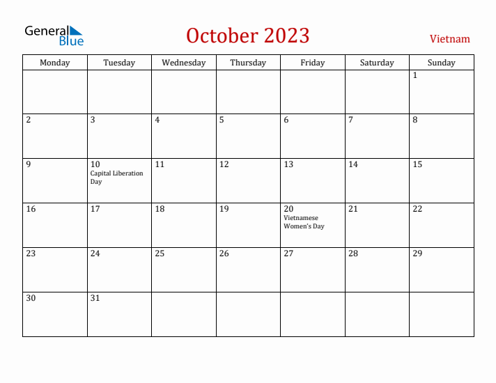 Vietnam October 2023 Calendar - Monday Start