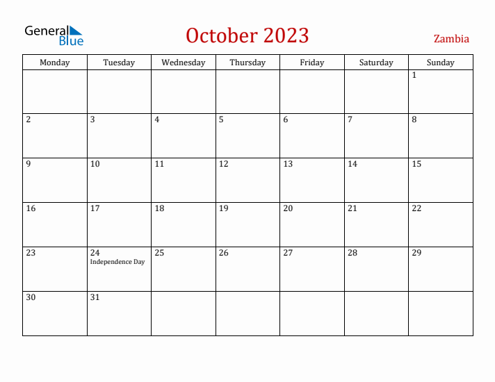 Zambia October 2023 Calendar - Monday Start
