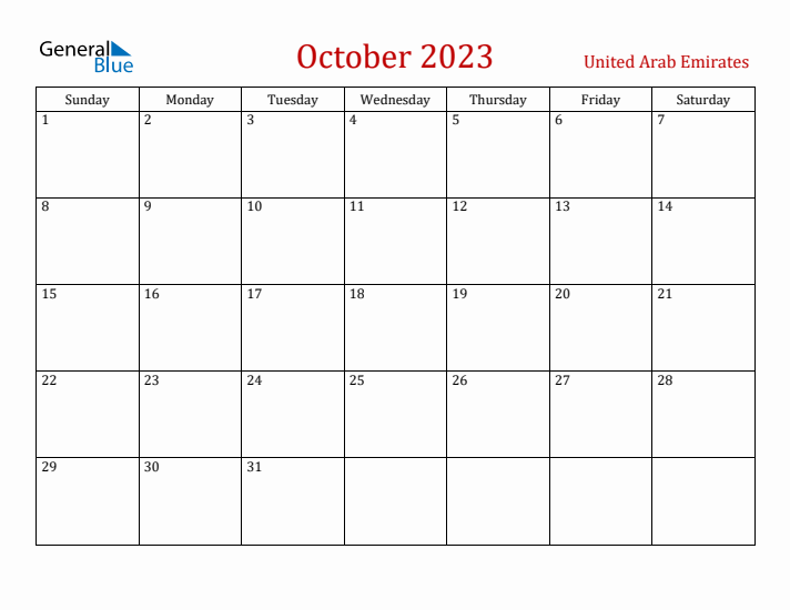 United Arab Emirates October 2023 Calendar - Sunday Start