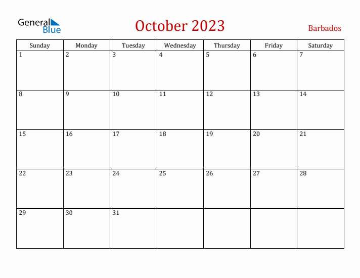 Barbados October 2023 Calendar - Sunday Start