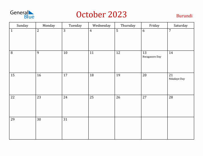 Burundi October 2023 Calendar - Sunday Start