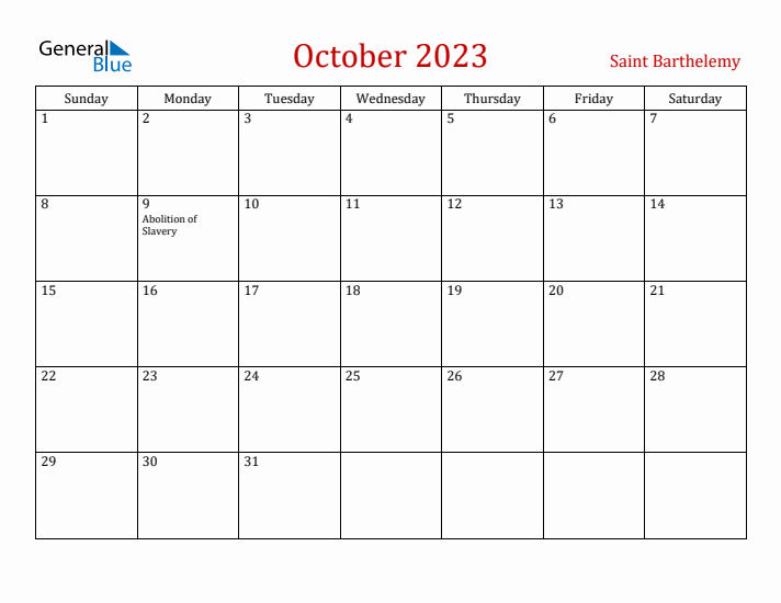 Saint Barthelemy October 2023 Calendar - Sunday Start