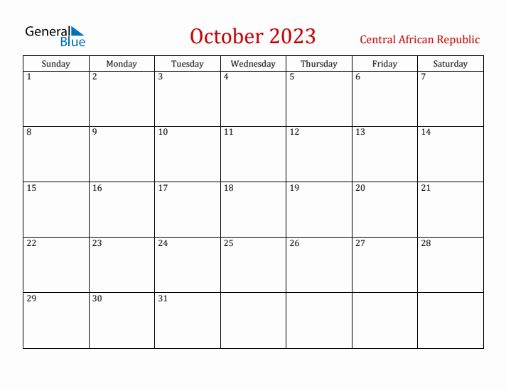 Central African Republic October 2023 Calendar - Sunday Start