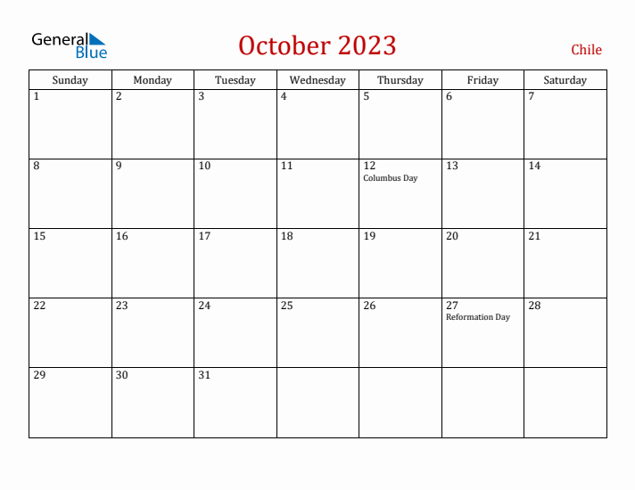 Chile October 2023 Calendar - Sunday Start