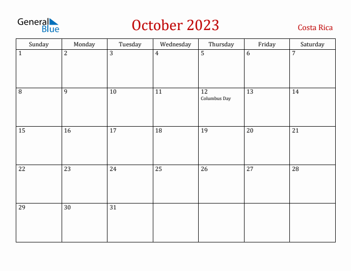 Costa Rica October 2023 Calendar - Sunday Start
