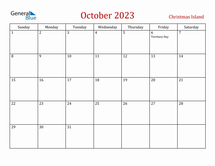 Christmas Island October 2023 Calendar - Sunday Start
