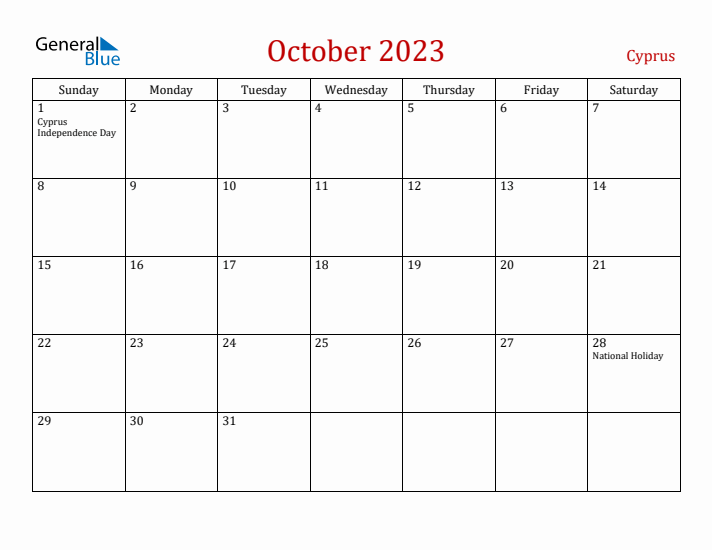 Cyprus October 2023 Calendar - Sunday Start