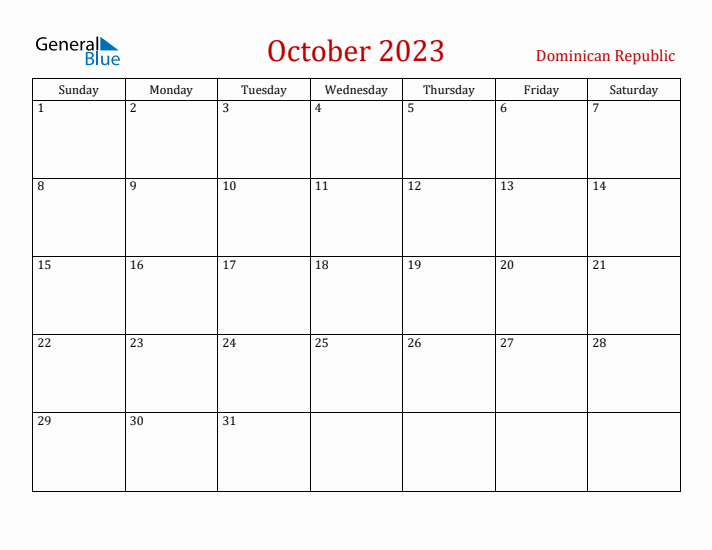 Dominican Republic October 2023 Calendar - Sunday Start
