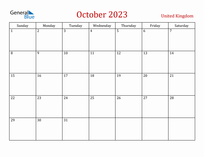 United Kingdom October 2023 Calendar - Sunday Start
