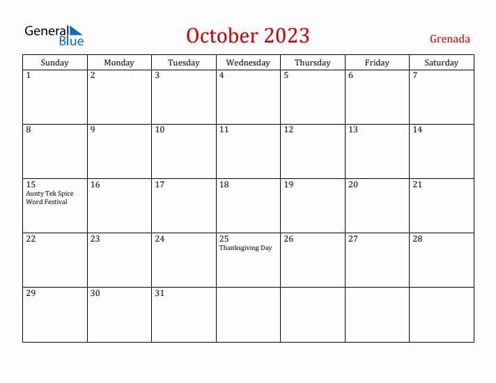 Grenada October 2023 Calendar - Sunday Start