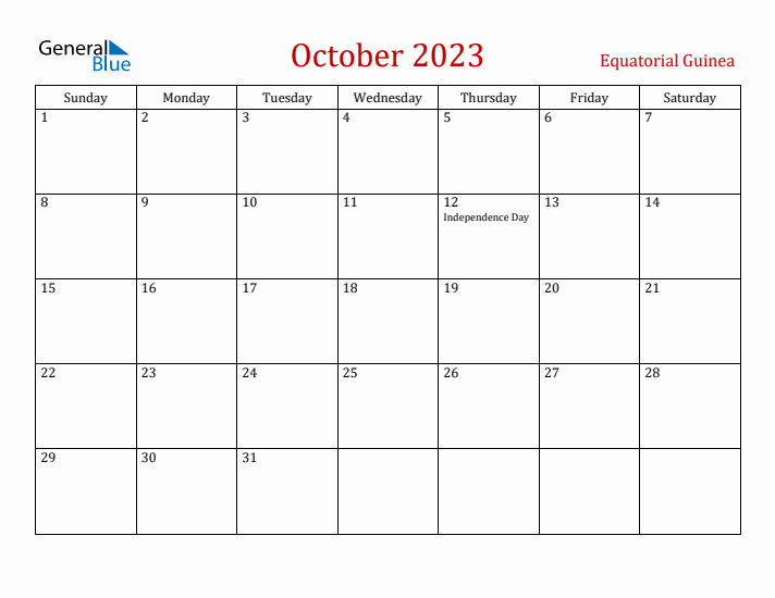Equatorial Guinea October 2023 Calendar - Sunday Start