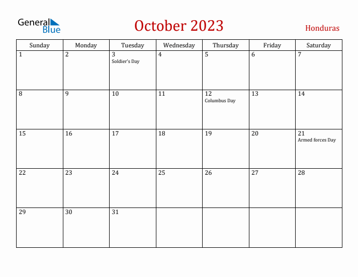Honduras October 2023 Calendar - Sunday Start
