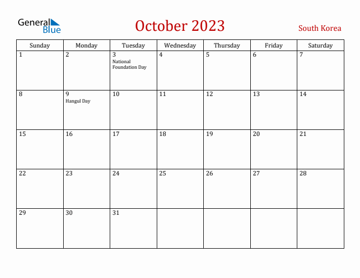 South Korea October 2023 Calendar - Sunday Start