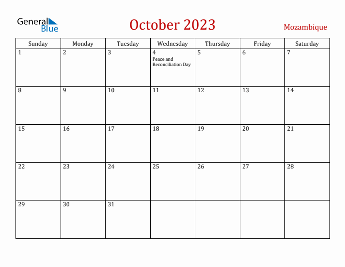 Mozambique October 2023 Calendar - Sunday Start