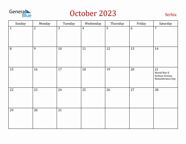 Serbia October 2023 Calendar - Sunday Start