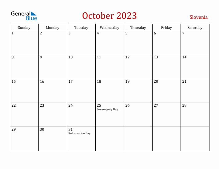 Slovenia October 2023 Calendar - Sunday Start