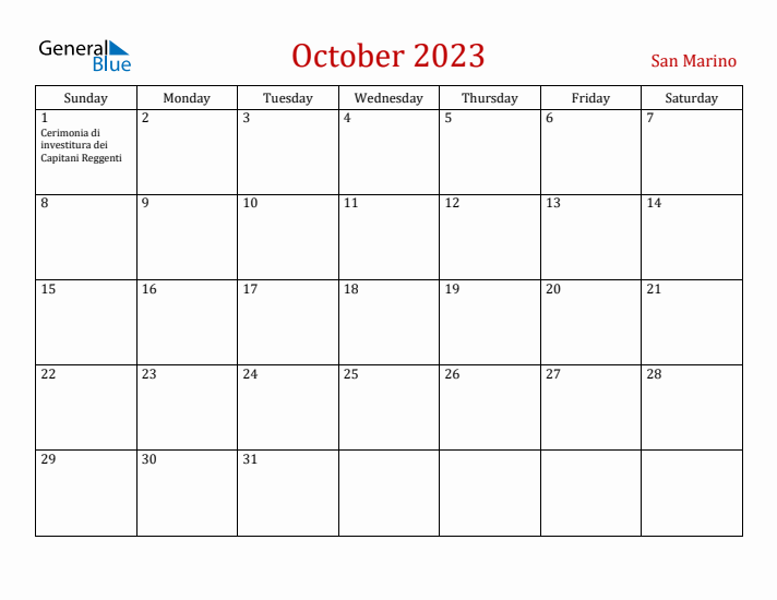 San Marino October 2023 Calendar - Sunday Start