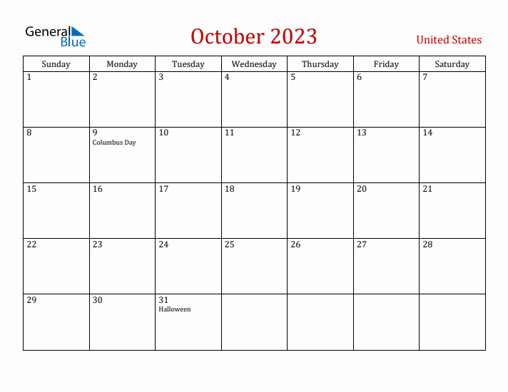 United States October 2023 Calendar - Sunday Start