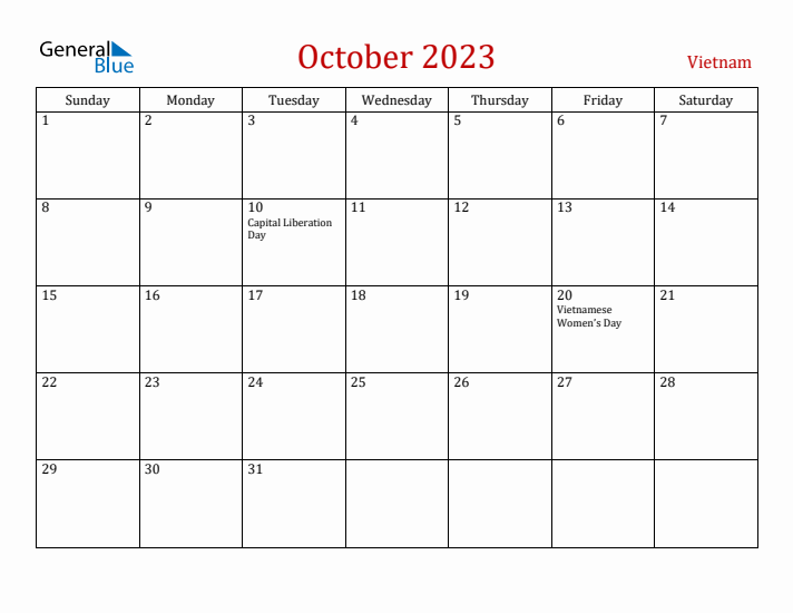 Vietnam October 2023 Calendar - Sunday Start