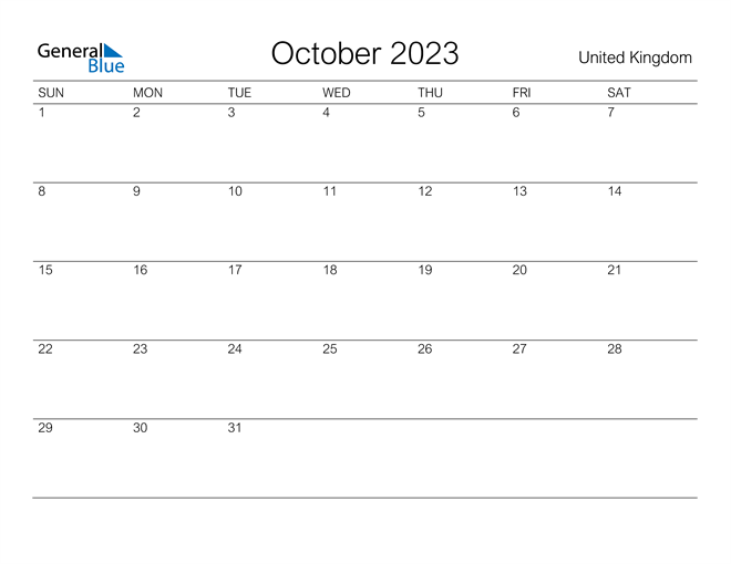 Printable October 2023 Calendar for United Kingdom