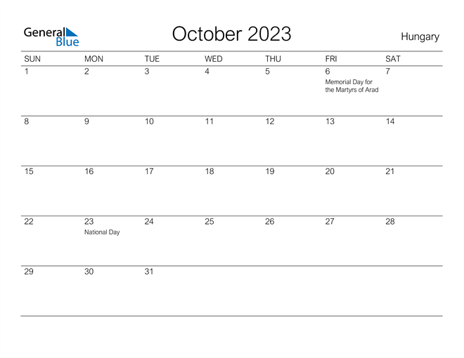 Printable October 2023 Calendar for Hungary