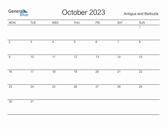 Printable October 2023 Calendar for Antigua and Barbuda