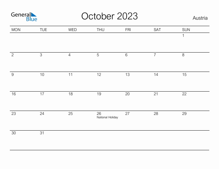 Printable October 2023 Calendar for Austria