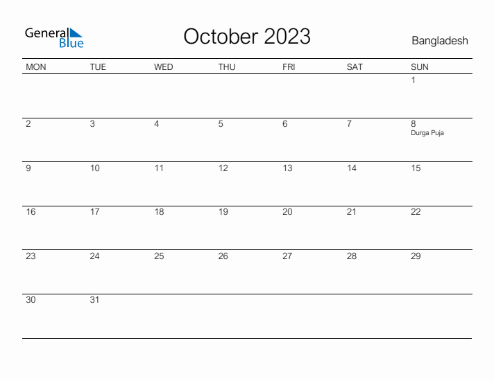 Printable October 2023 Calendar for Bangladesh
