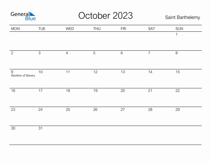Printable October 2023 Calendar for Saint Barthelemy