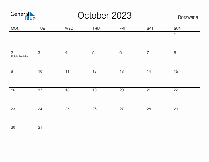 Printable October 2023 Calendar for Botswana