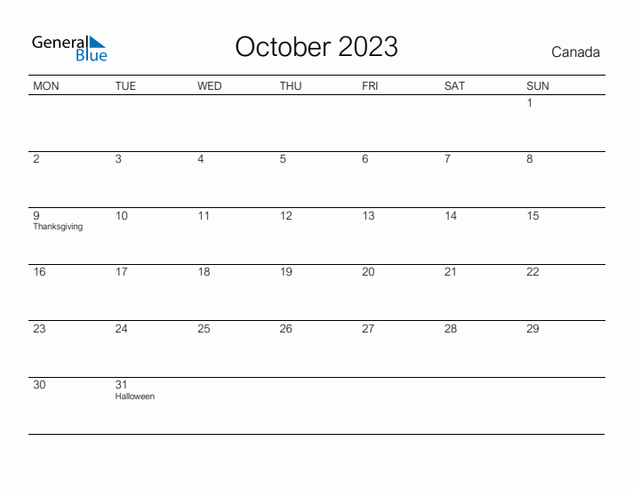 Printable October 2023 Calendar for Canada