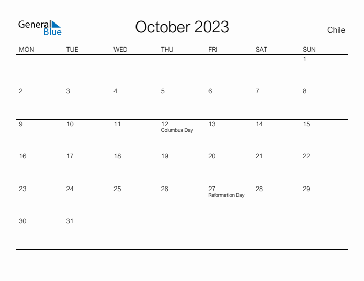 Printable October 2023 Calendar for Chile